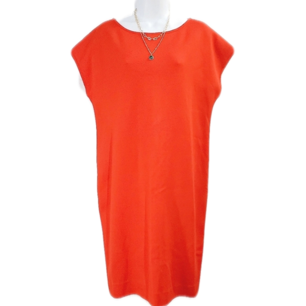 St John Saks 5th Avenue orange knit midi stretchy short sleeve dress & necklace